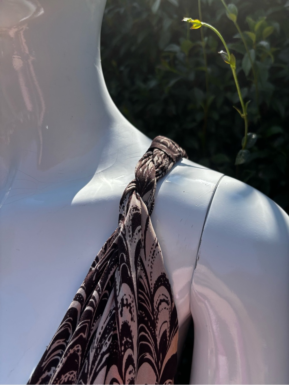Y2K Silk Mini Brown and Cream Plunging V-Neck Dress with waist belt - Picture 8 of 11